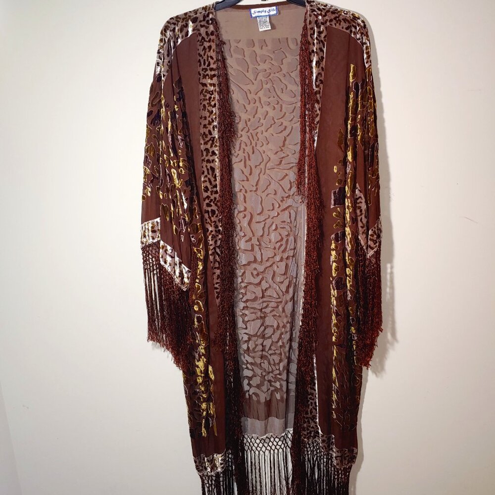 Simply Silk Fringe Burnout Velvet Maxi Kimono Cardigan Women Plus Size Brown